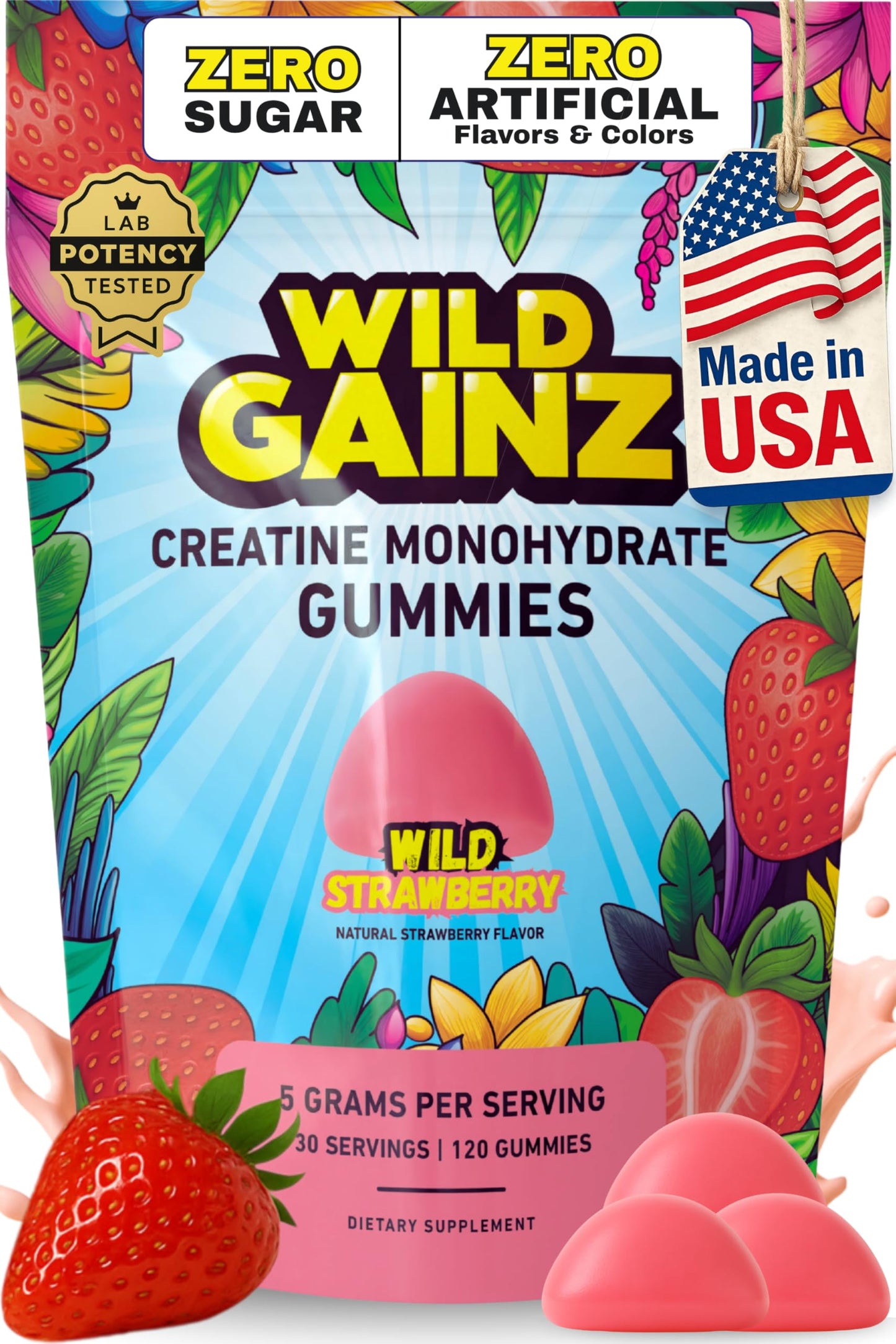 WILD GAINZ Creatine Monohydrate Gummies for Men & Women 5000mg - Sugar-Free Strawberry Flavor, Vegan, Non-GMO, Gluten-Free. Supports Muscle Growth, Strength & Focus. Made in USA - 120 Chews
