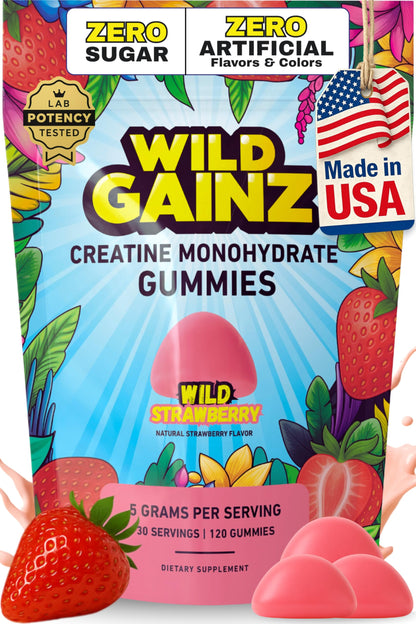 WILD GAINZ Creatine Monohydrate Gummies for Men & Women 5000mg - Sugar-Free Strawberry Flavor, Vegan, Non-GMO, Gluten-Free. Supports Muscle Growth, Strength & Focus. Made in USA - 120 Chews