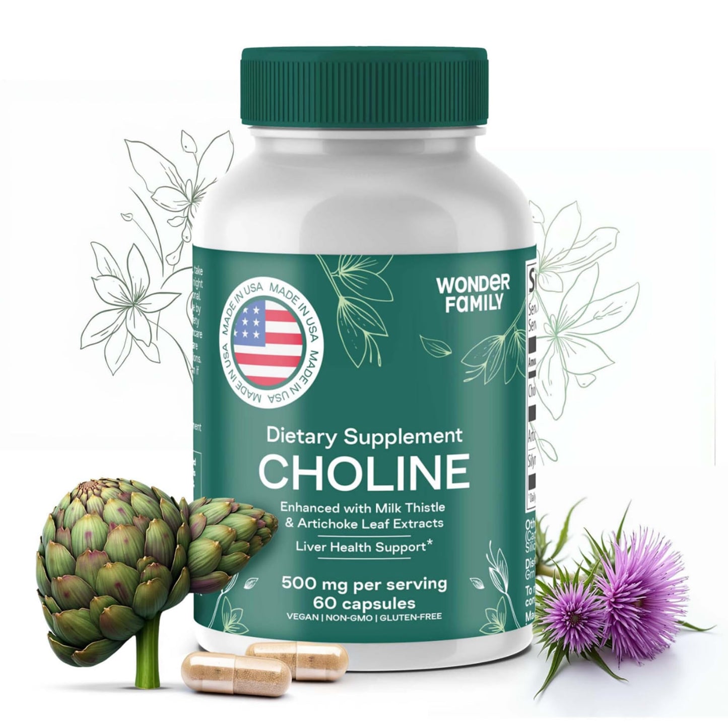 Choline Bitartrate 500MG - Premium Choline Supplements - Liver Support Supplement & Gallbladder Supplements - Colina Suplemento 500 mg Orgánica - Brain Vitamin for Memory and Focus - 60 Choline Caps