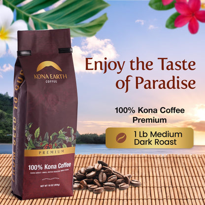 KONA EARTH - Premium, 100% Kona Coffee, Medium Dark Roast, Farm-Fresh Whole Coffee Beans, Micro-Batch-Roasted, 1 lb., Pack of 1