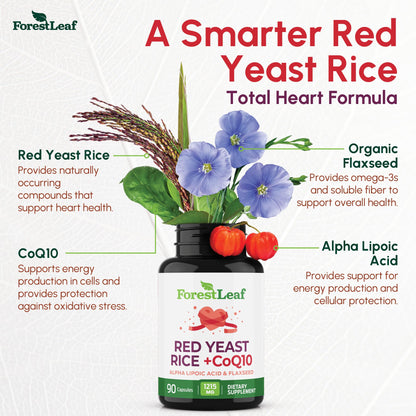 Red Yeast Rice 1215 mg. Capsules - Extra Strength Red Rice Yeast with CoQ10 Supplement, Plus Alpha Lipoic Acid & Organic Flaxseed, Citrinin Free, Supports Cardiovascular Health, Non-GMO 90 Veggie Caps