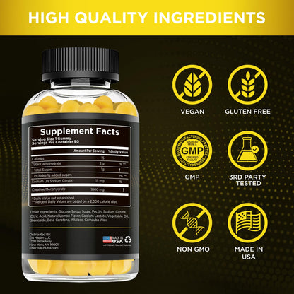 EFFECTIVE NUTRA Creatine Monohydrate Gummies | 1g Per Gummy | Vegan Creatine Gummies Supplement for Men & Women | Strength, Muscle Growth, Energy, Endurance | Natural Lemon Flavor, Made in USA (90ct)
