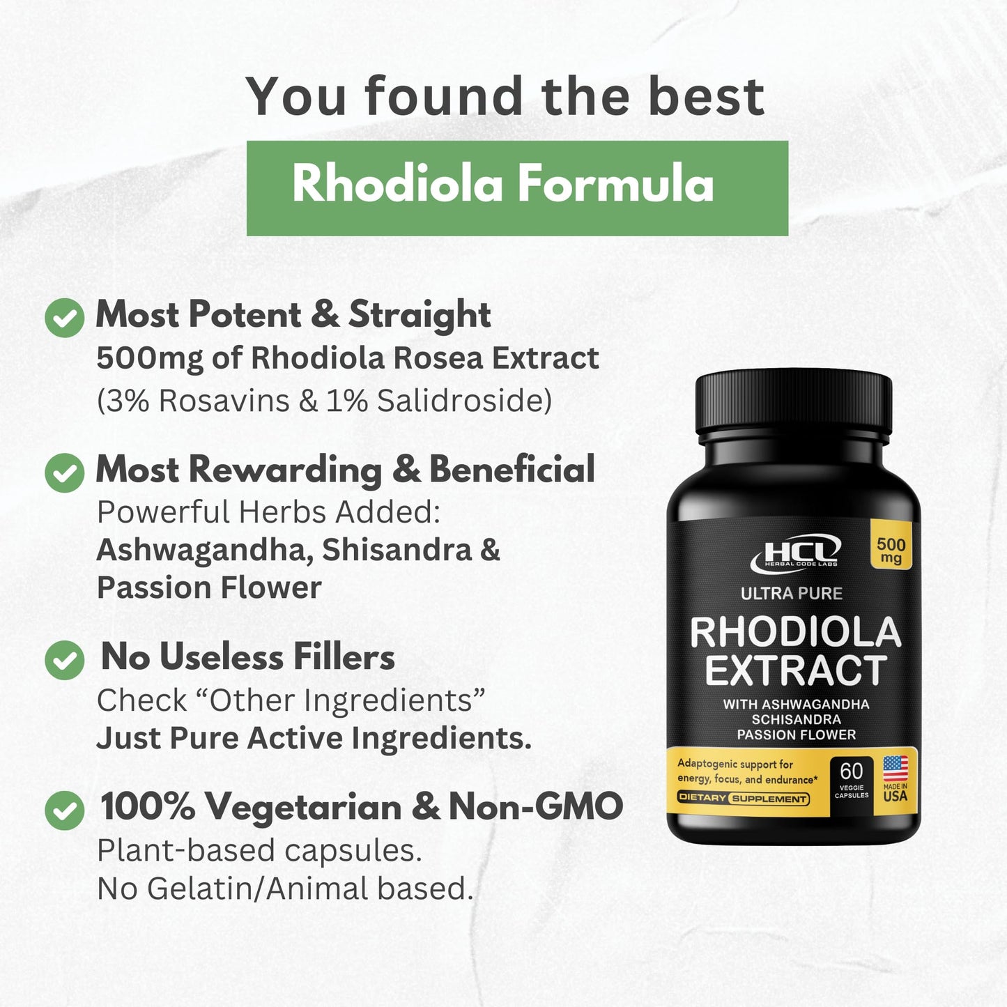 Rhodiola Rosea Supplement High Potency Extract 500mg - 3% Rosavins 1% Salidrosides with Ashwagandha Shisandra Passion Flower Herb Powder Capsules - Natural Way to Relieve Stress - Pills for Energy