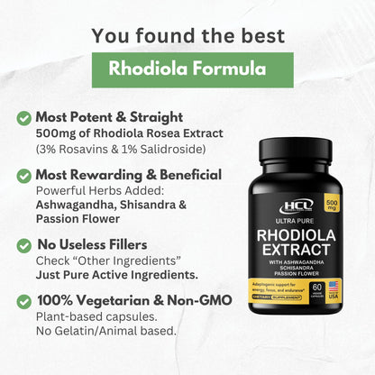 Rhodiola Rosea Supplement High Potency Extract 500mg - 3% Rosavins 1% Salidrosides with Ashwagandha Shisandra Passion Flower Herb Powder Capsules - Natural Way to Relieve Stress - Pills for Energy