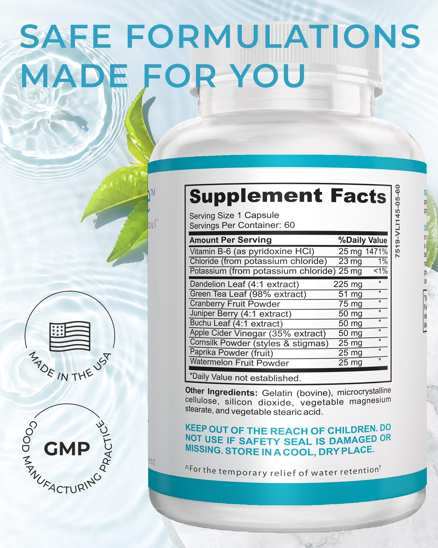 LA Cleanse Water Flush - Natural Water Away Pills for Swollen Legs & Feet - Water Retention Pills for Swelling & Bloat Relief with Potassium, B-6, Dandelion & Green Tea - 1 Pack, 60 Count