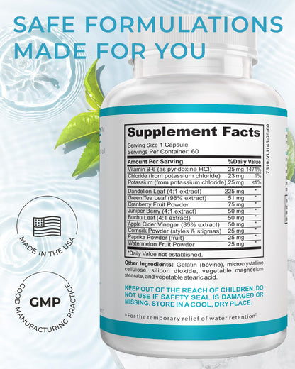 LA Cleanse Water Flush - Natural Water Away Pills for Swollen Legs & Feet - Water Retention Pills for Swelling & Bloat Relief with Potassium, B-6, Dandelion & Green Tea - 1 Pack, 60 Count