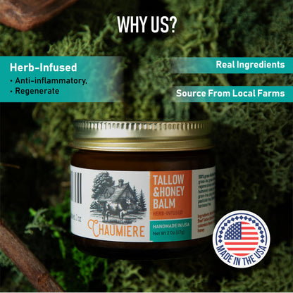 Chaumiere Herb Infused Organic Grass Fed Beef Tallow Honey Balm -Tallow Face Moisturizer - Whipped Tallow and Honey Balm - Raw Honey, Facial Lotion for Sensitive Skin - 2.5 oz