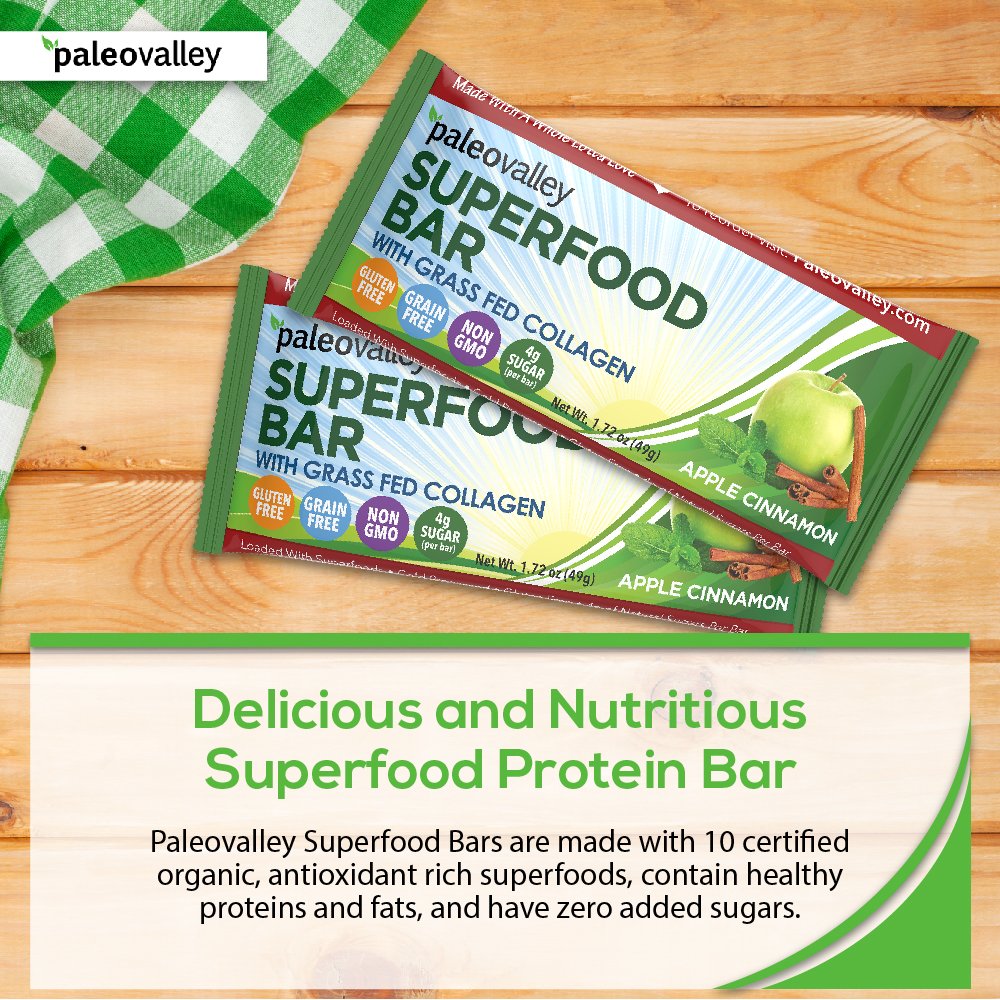 Paleovalley: Superfood Bars with Grass Fed Bone Broth Protein - Apple Cinnamon - 12 Bars - All Organic Ingredients with 10 Antioxidant-Rich Superfoods - No Gluten, Grains, Soy or Added Sugar