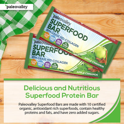 Paleovalley: Superfood Bars with Grass Fed Bone Broth Protein - Apple Cinnamon - 12 Bars - All Organic Ingredients with 10 Antioxidant-Rich Superfoods - No Gluten, Grains, Soy or Added Sugar