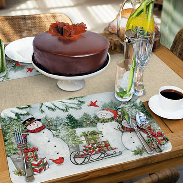 CounterArt Snowman's Farmhouse 4 Pack Reversible Easy Care Placemats Made in The USA BPA PVC Free Flexible Plastic Easily Wipes Clean