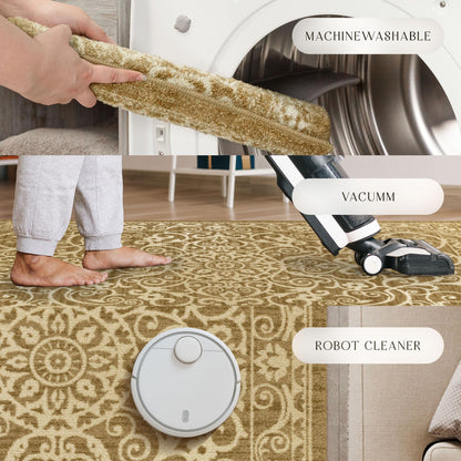 Maples Rugs Pelham Transitional Area Rugs - Made in USA - Washable, Non Slip, Indoor Carpet for Entryway, Foyer, Kitchen, and Bathroom, 1'8 x 2'10, Khaki