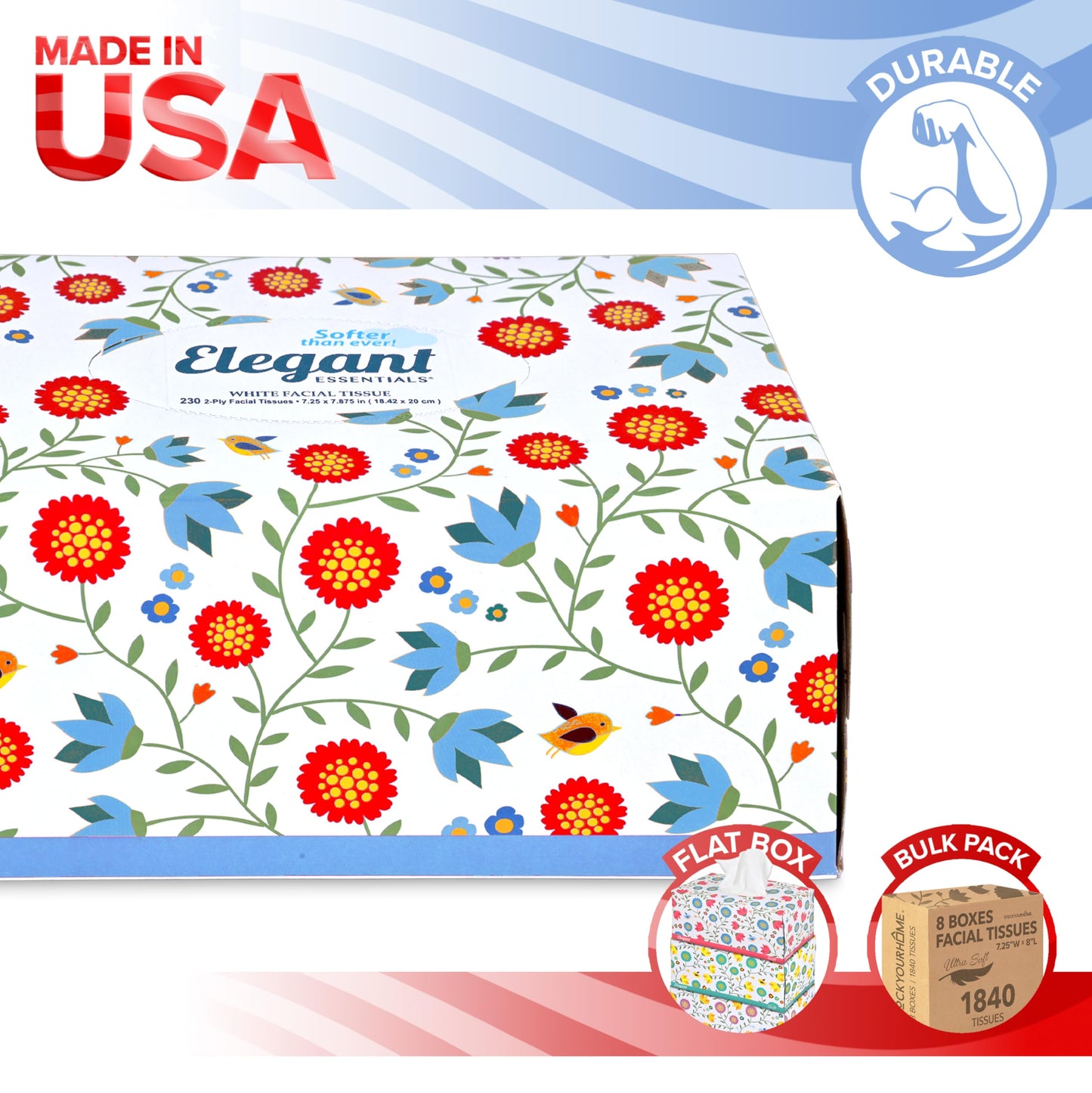 Premium Bulk Tissues, 8 Boxes of 230 Count, 2-Ply Soft Facial Tissues for Offices or School, Made in the USA, 1840 Total Count Bulk Face & Nose Tissue Paper for Home or Professional Use