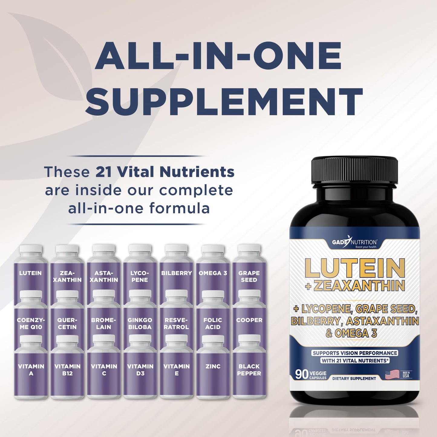Gade Nutrition Lutein and Zeaxanthin Supplements | Astaxanthin, Omega 3, Resveratrol, Bilberry, Lycopene, Quercetin, Ginkgo Biloba, Vitamin D - Eye Health Vitamins, Eye Support, Health Vision Formula