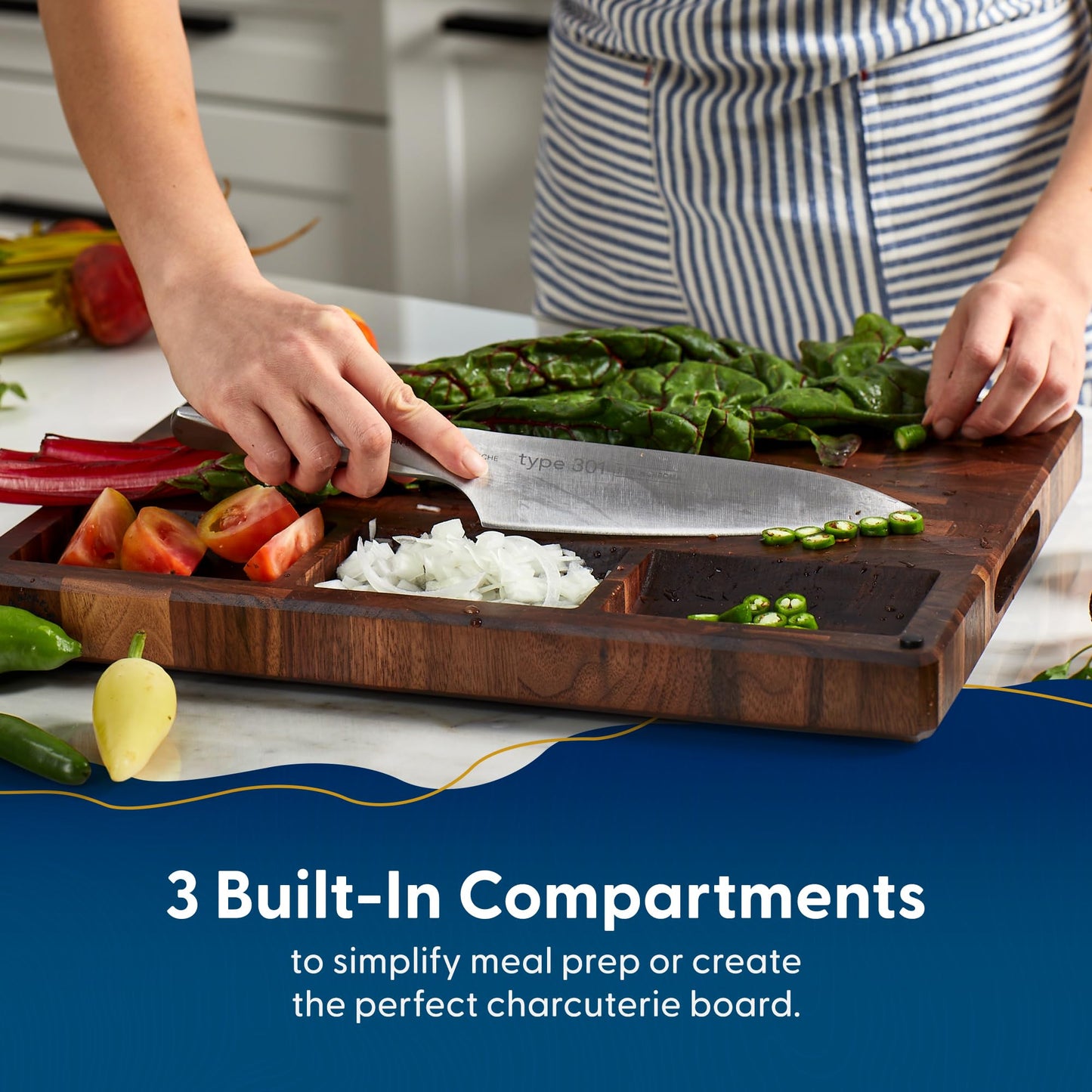 Sonder Los Angeles Alfred Cutting Board Made in USA | Black Walnut End Grain Cutting Board for Kitchen with Non-Slip Feet, Juice Groove, Sorting Compartments | Gift Box Included | 17x13x1.5 in