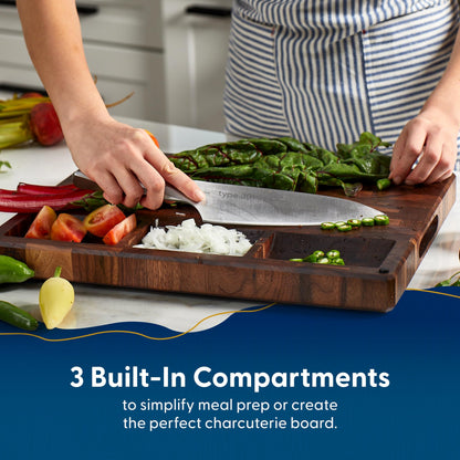 Sonder Los Angeles Alfred Cutting Board Made in USA | Black Walnut End Grain Cutting Board for Kitchen with Non-Slip Feet, Juice Groove, Sorting Compartments | Gift Box Included | 17x13x1.5 in