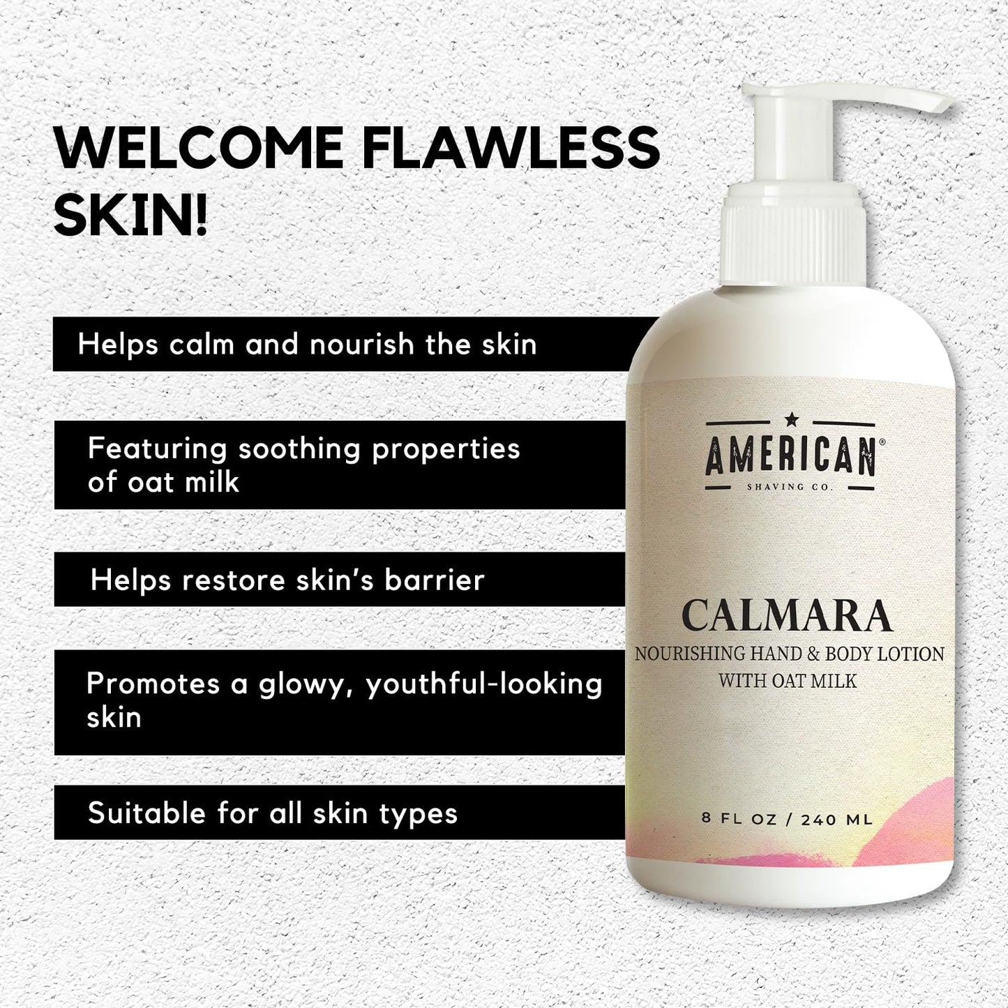 American Shaving Co. Calmara Nourishing Hand & Body Lotion With Oat Milk, 8 Oz, Made in USA, Gentle Formula, Quality Potent Ingredients, Non-GMO, GMP Certified, Cruelty-Free Products