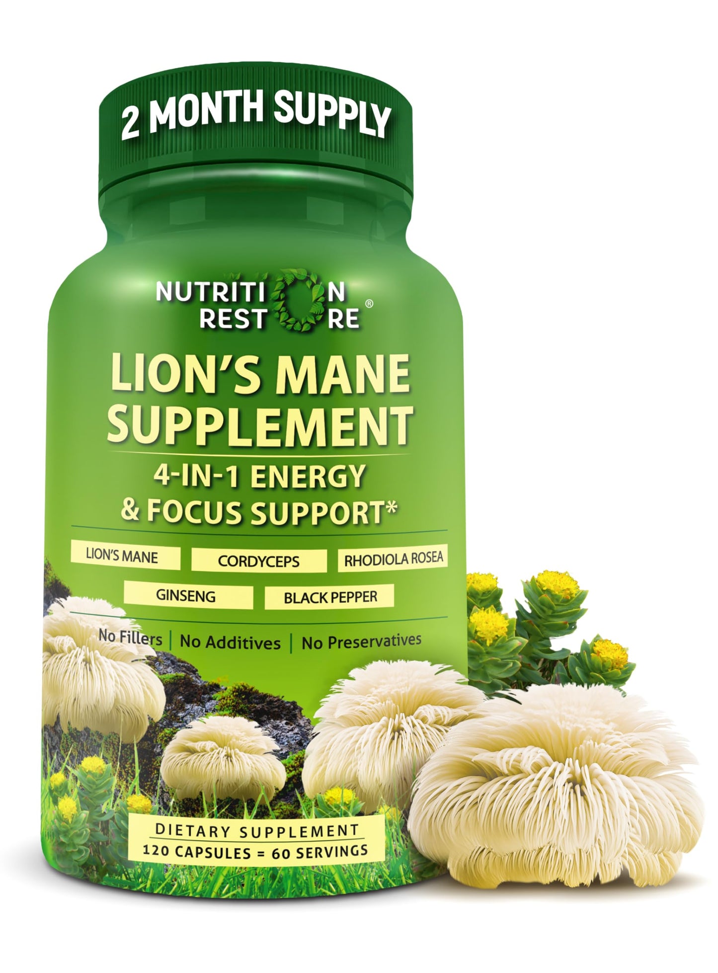 Organic Lion's Mane Supplement Capsules - Contains Naturally Occurring Beta Glucans & Polysaccharides, Enhanced with Organic Energy & Focus Support Blend: Cordyceps, Rhodiola Rosea, Ginseng, 120 Count
