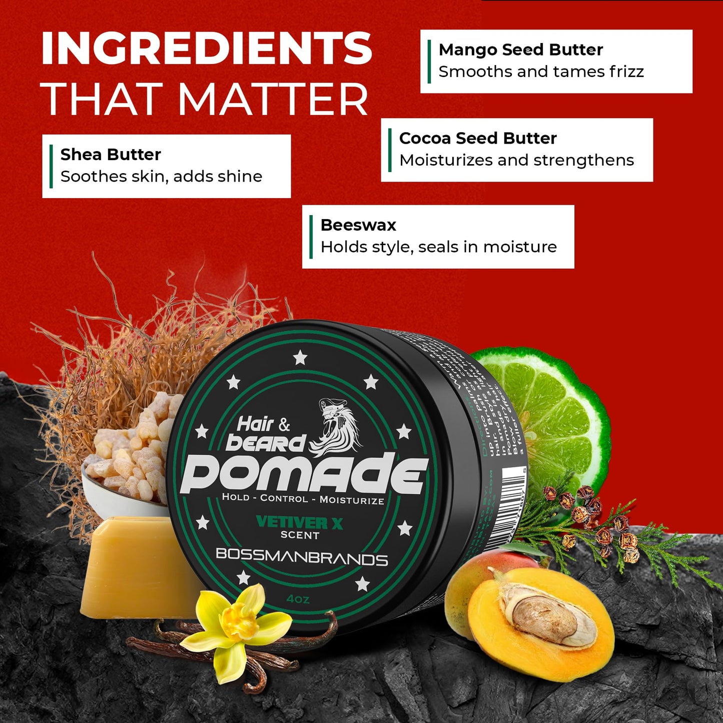 Bossman Natural Hair & Beard Pomade for Men (Vetiver X Scent) – Medium Hold & Moisturizing for Hair, Beard & Mustache Styling – Made in USA