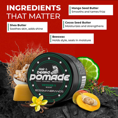 Bossman Natural Hair & Beard Pomade for Men (Vetiver X Scent) – Medium Hold & Moisturizing for Hair, Beard & Mustache Styling – Made in USA