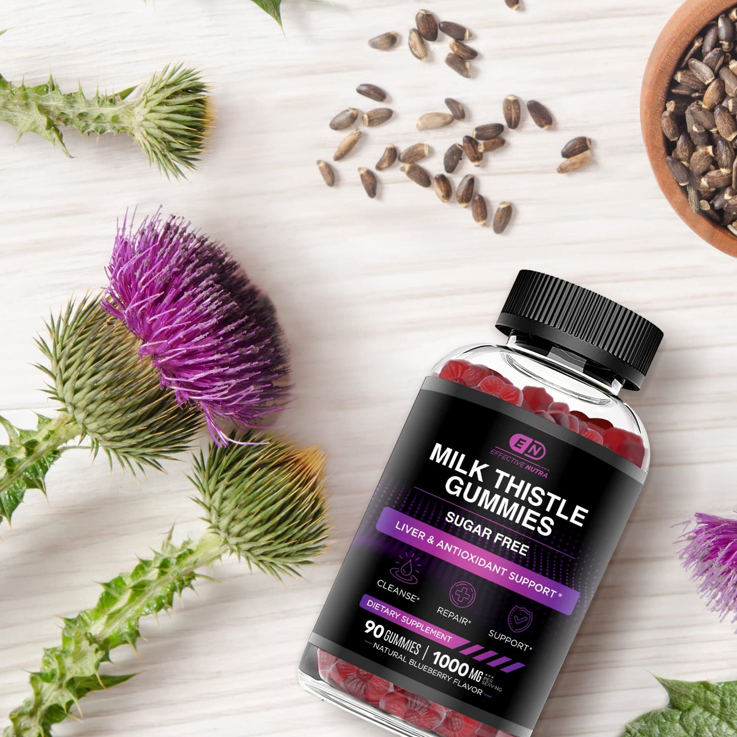 EFFECTIVE NUTRA Milk Thistle Gummies | Sugar-Free Milk Thistle Extract 1000mg for Liver Detox & Antioxidant Support | Vegan, Gluten-Free| 45-Day Supply, Natural Berry Flavor, Made in USA (90 Count)