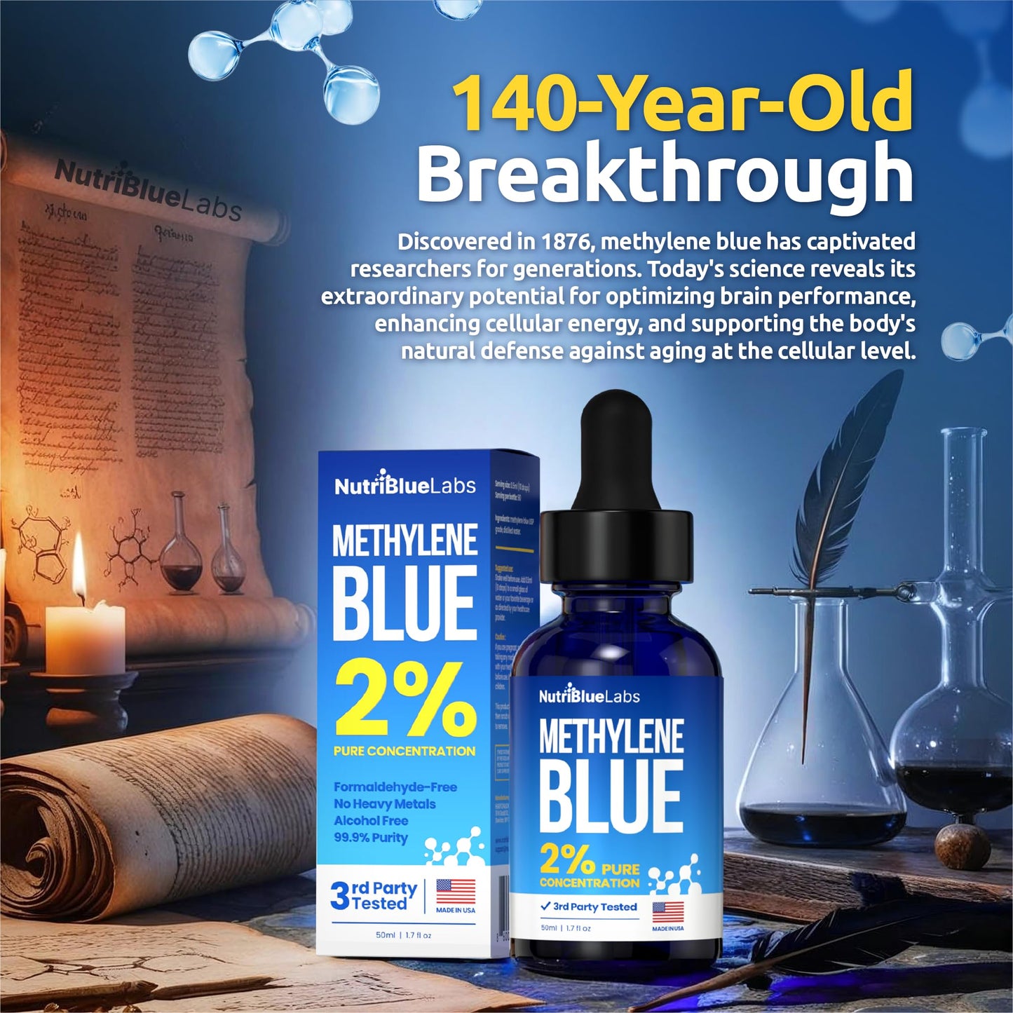 Methylene Blue 2% USP Grade Pharmaceutial Grade Solution, 3rd Party Tested, No Formaldehyde, Made in USA - 50 ML