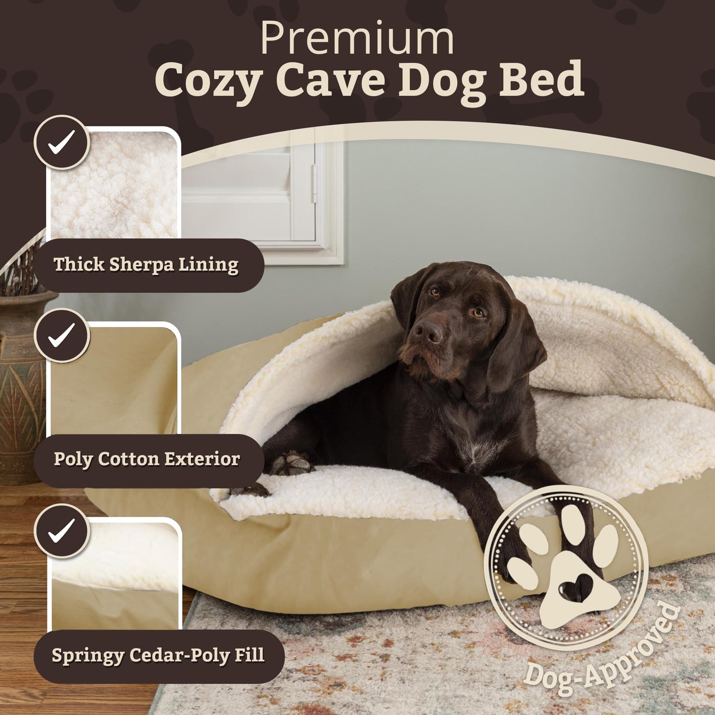 Snoozer Rectangle Cozy Cave Dog Bed - Indoor Dog Bed with Cover Cave, Covered Calming Burrow for Small Sized Pets with Blanket Attached, Enclosed, Washable - Small, Khaki