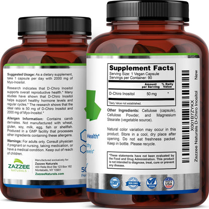 Zazzee D-Chiro-Inositol, 50 mg per Capsule, 90 Vegan Capsules, Ideal Dosage for 40:1 Ratio with Myo-Inositol, 3 Month Supply, 100% Vegetarian, Non-GMO