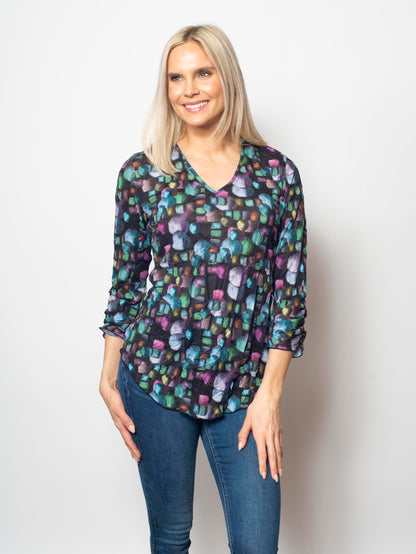 SNO SKINS Fall/Winter Collection Designer Print Crinkle V-Neck Top with Rouched Detail (Galaxy)
