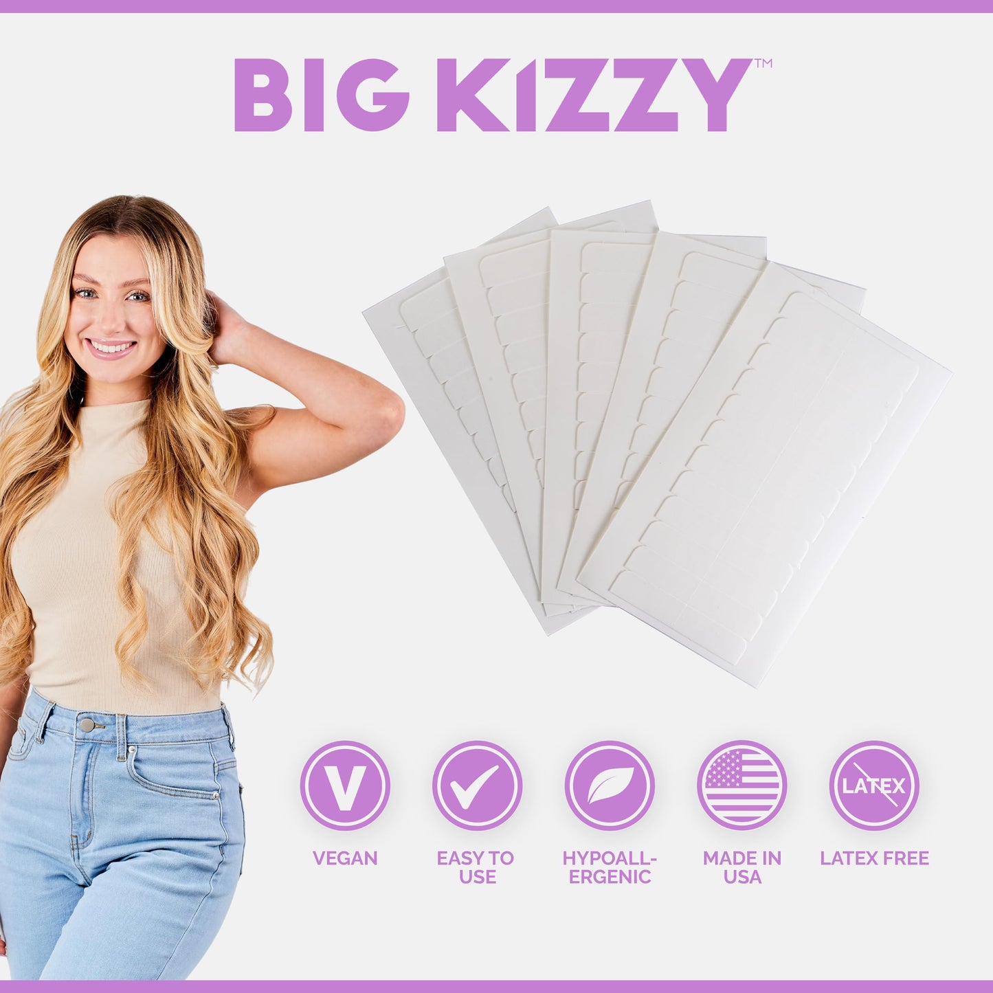 Big Kizzy Extra Hold Double Sided Hair Extension Tape - 144 tabs replacement tape - Strong hold of 6-8+ weeks - Made in USA