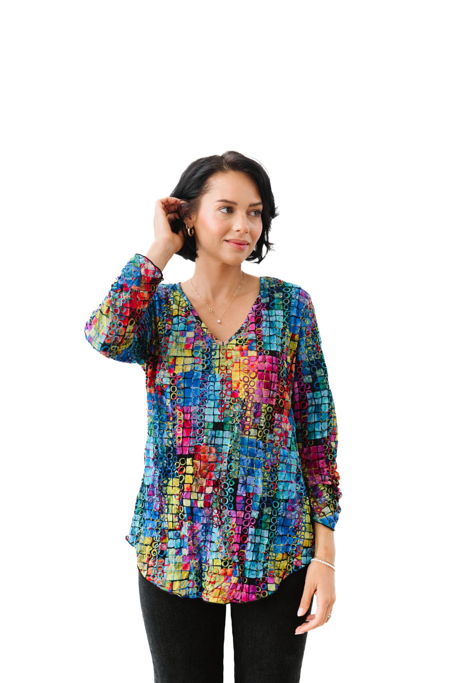 SNO SKINS Fall/Winter Collection Designer Print Crinkle V-Neck Top with Rouched Detail (Spectrum)