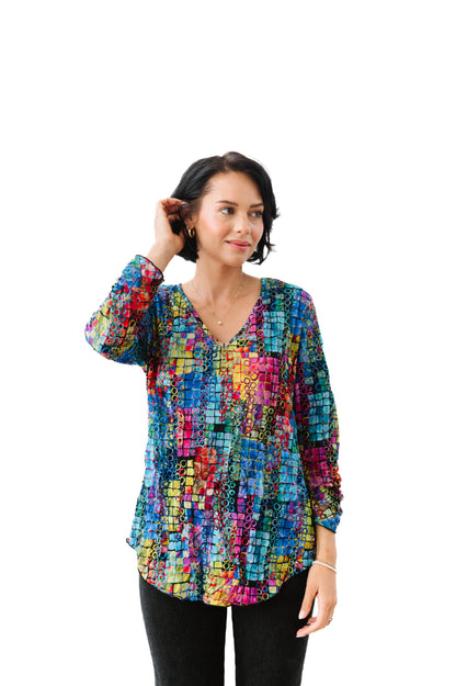 SNO SKINS Fall/Winter Collection Designer Print Crinkle V-Neck Top with Rouched Detail (Spectrum)