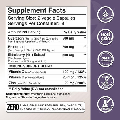 Gade Nutrition Quercetin with Bromelain & Elderberry | Quercetin with Vitamin C and Zinc | Zinc Quercetin 500mg with Vitamin D3 | Daily Immune Support Supplement - 2 Months Supply