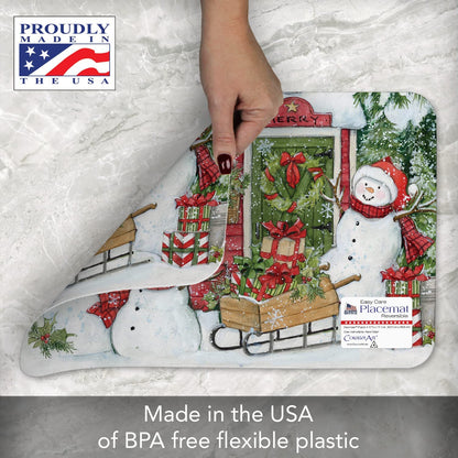 CounterArt Snowman's Farmhouse 4 Pack Reversible Easy Care Placemats Made in The USA BPA PVC Free Flexible Plastic Easily Wipes Clean