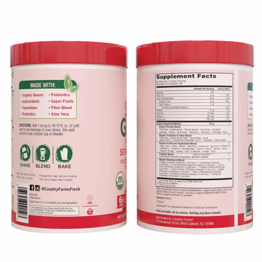 Country Farms Organic Super Greens Berry Flavor, 50 Organic Super Foods, Packed with Fiber, USDA Organic Drink Mix, Fruits, Vegetables, Mushrooms & Probiotics, Supports Energy, 5g Fiber