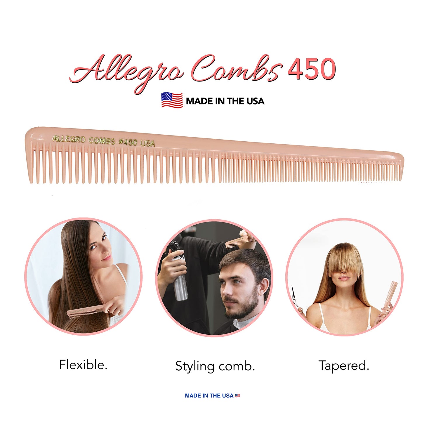 Allegro Tapered Hair Combs - 6 Pcs Barber & Hairstylist Combs for Men & Women, Made in USA (Rose)