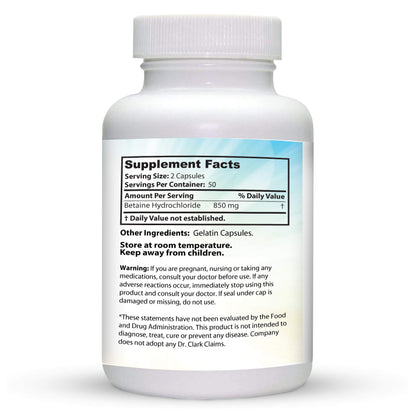 Dr. Clark Betaine HCL Digestive Enzymes - Acid Reflux Medicine, Hydrochloric Acid Protein Supplement, Optimal Digestion Formula, 100 Gelatin Capsules, 425 mg