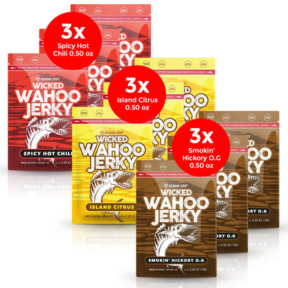 Wahoo Ono Fish Jerky Variety Sampler- Smokin' Hickory O.G, Island Citrus & Spicy Chili - Organic, Gourmet Smoked Fish Strips, Rich in Omega-3 & Protein, Low-Calorie, Low Sodium & Sugar- 9 Pack (0.5oz)