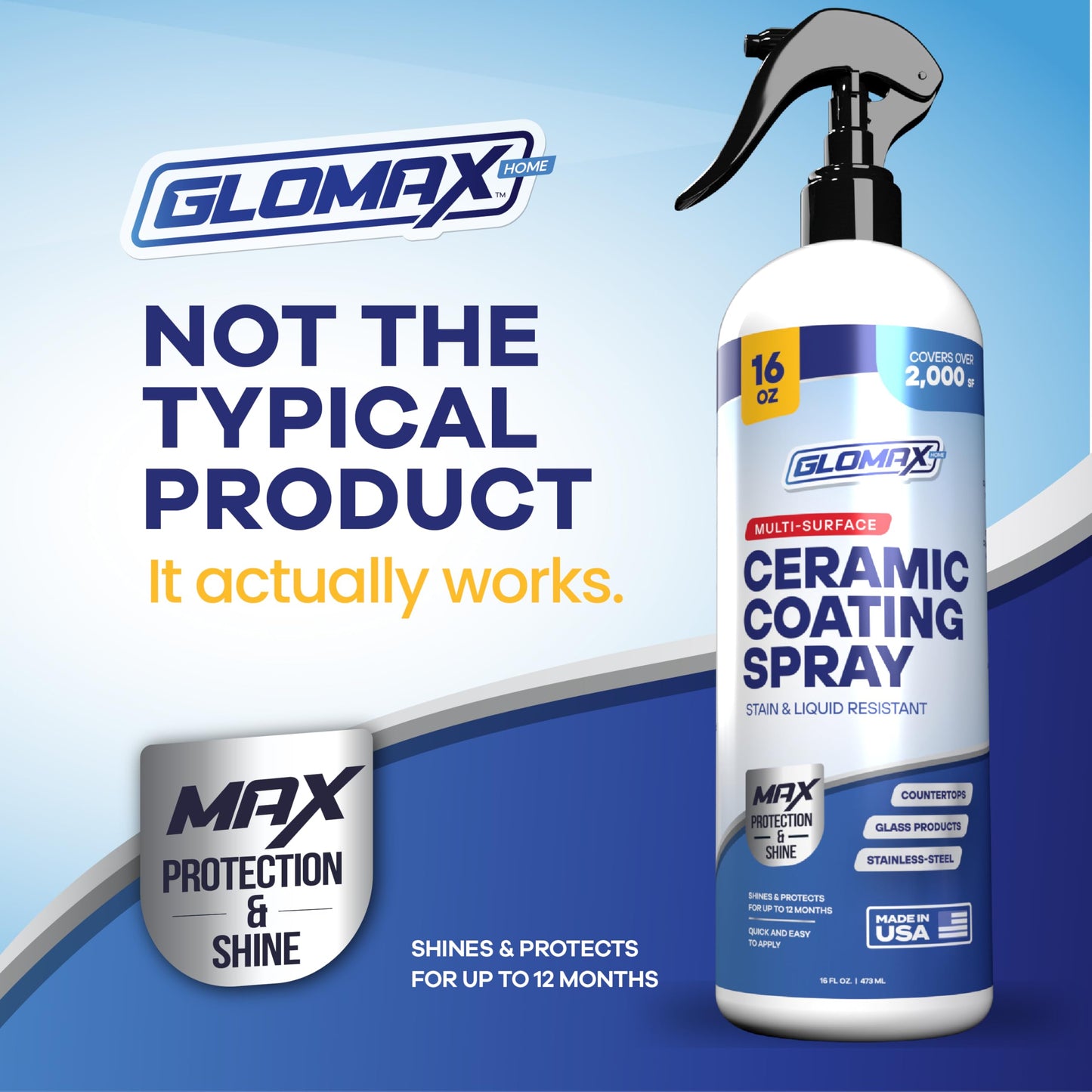 GLOMAX Home Ceramic Coating Spray Kit (16 oz) - Shine, Seal & Protect Stainless Steal, Glass, Kitchen & Bath Surfaces - Extremely Hydrophobic - Repels Stains & Grime - Includes 2 Micro Fiber Towels