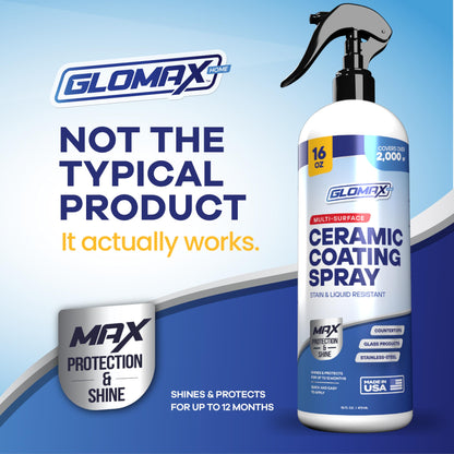 GLOMAX Home Ceramic Coating Spray Kit (16 oz) - Shine, Seal & Protect Stainless Steal, Glass, Kitchen & Bath Surfaces - Extremely Hydrophobic - Repels Stains & Grime - Includes 2 Micro Fiber Towels