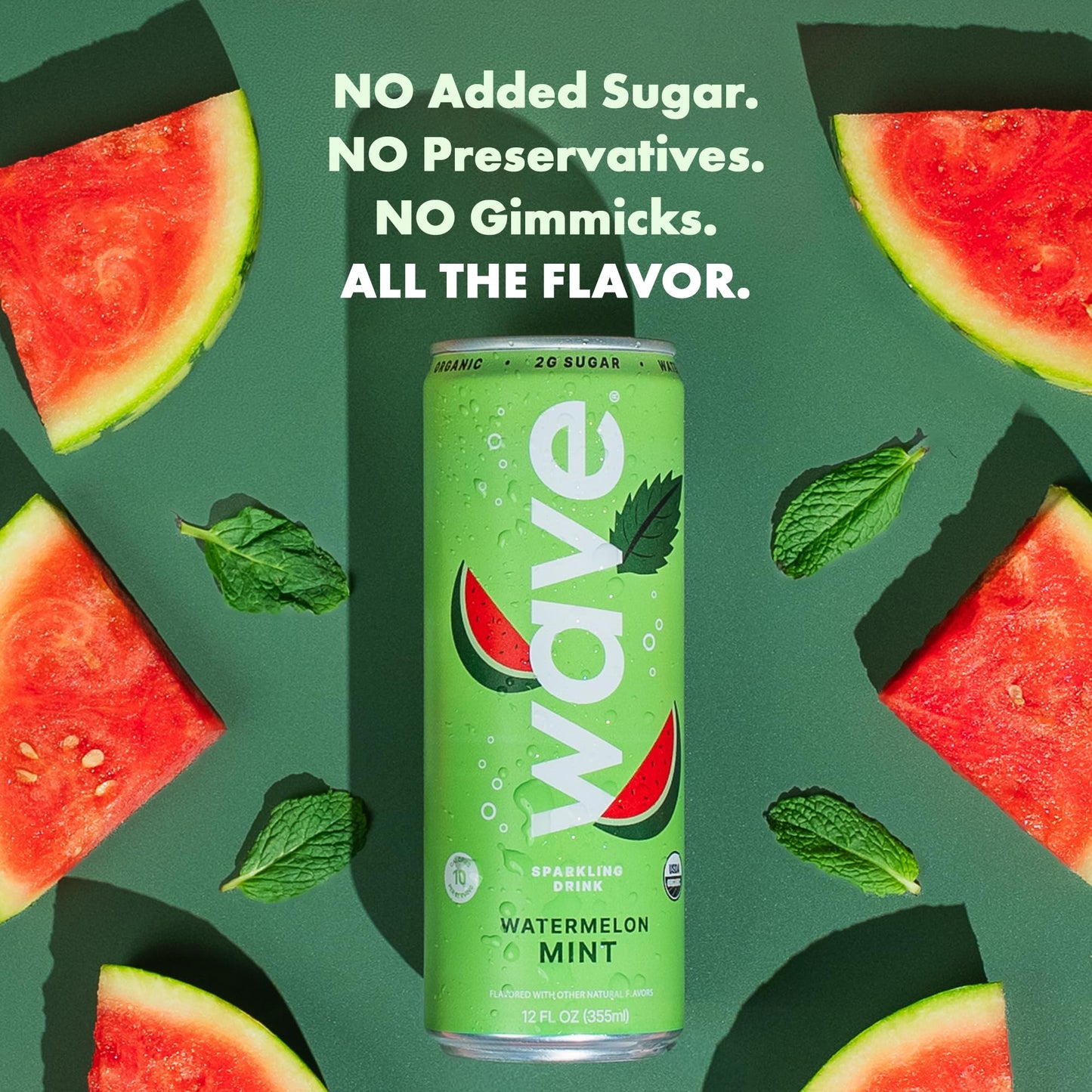 WAVE Organic Sparkling Drink | Low Calorie Drink, Watermelon Mint Lightly Carbonated | Great Natural Soda Alternative | USA Made Kosher No Added Sugar, Color, & Artificial Ingredients |12 Pack