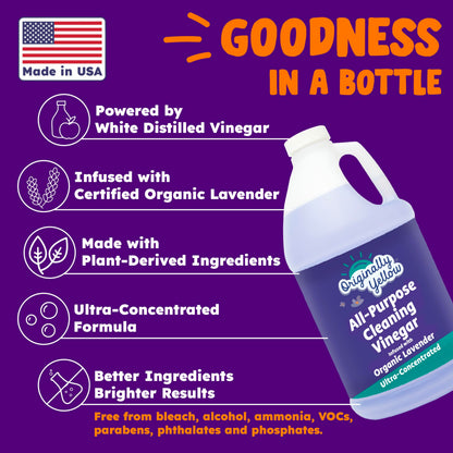 Originally Yellow Lavender Vinegar For Cleaning Purpose | USA Made All Purpose Cleaner | Use as a Floor, Glass, Kitchen, & Bathroom Cleaner | Plant Derived Vinegar half Gallon| 64 Oz