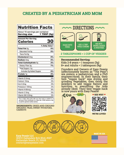 EasyPeasie Organic Veggie Powder Blends for Kids and Picky Eaters | Natural Vegetable Powder Supplement for Meals and Smoothies (Original 5oz Pouch)