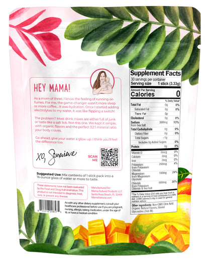 Mama Natural Electrolytes Powder Packets – Instant Hydration with natural Sea Salt, Potassium & Magnesium Glycinate – Sugar Free, Organic Mango Flavor – 30 Travel Sticks for Postpartum & Pregnancy