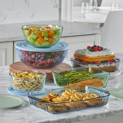 Pyrex Colors (2-Pack) Sculpted Tinted Medium/Large Glass Mixing Bowls With Lids, Nesting Space Saving Set of Bowls For Prepping and Baking, 2.3QT & 4.5QT
