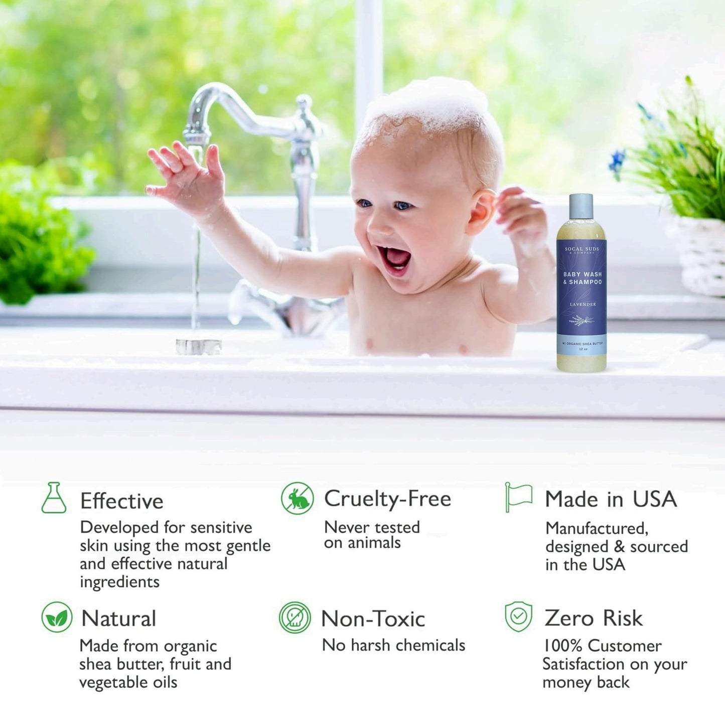 SoCal Suds & Company Baby Body Wash & Shampoo with Shea Moisture for Sensitive Skin, Bath & Hair Products for Toddlers & Babies, Natural Soap - 1 Pack Lavender 12oz Bottles