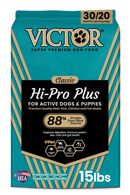 VICTOR Super Premium Dog Food – Hi-Pro Plus Dry Kibble – High Protein Dog Food with 30% Protein – Beef, Chicken, Pork, Fish Meals, Gluten Free - for High Energy and Active Dogs & Puppies, 15lbs