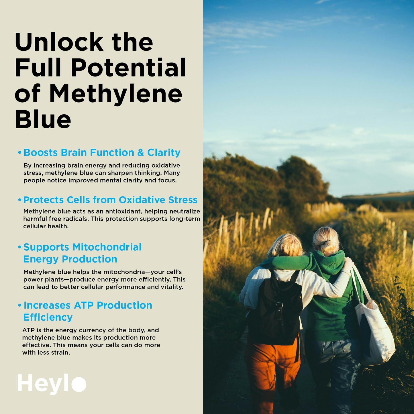 Heylo Methylene Blue Capsules - Pharmaceutical USP Grade Quality | Third Party Tested | Boosts Memory, Focus, Clarity, Energy | Supports Cellular & Mitochondrial Function, Made in USA, 30mg