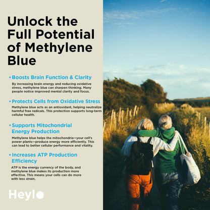Heylo Methylene Blue Capsules - Pharmaceutical USP Grade Quality | Third Party Tested | Boosts Memory, Focus, Clarity, Energy | Supports Cellular & Mitochondrial Function, Made in USA, 30mg