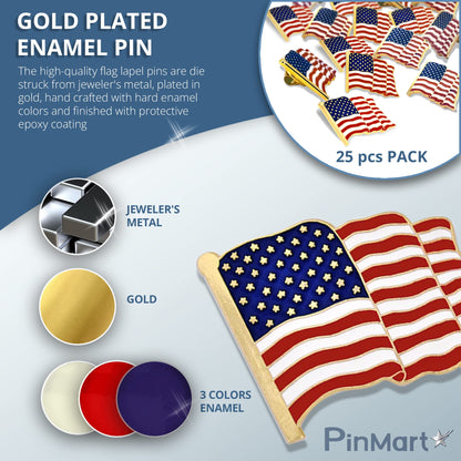 PinMart American Flag Lapel Pin – Made in the USA -Patriotic Waving United States Nickel Plated Enamel Pins for Coats, Suit Jackets and Lanyards