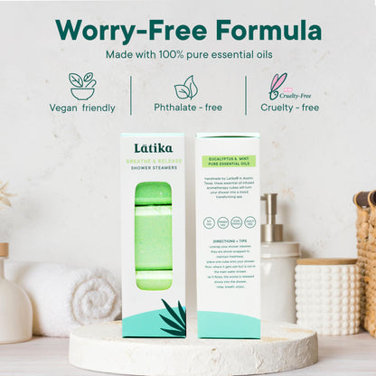 Latika Breathe & Release Aromatherapy Shower Steamer - Eucalyptus and Peppermint Essential Oils for Stress Relief, Relaxation and Anxiety Support Long-Lasting, Natural, Vegan Shower Must-Haves